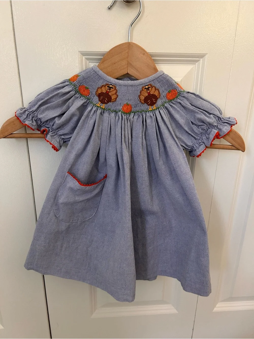 Vive La Fete 6 months blue chambray smocked turkey dress thanksgiving pumpkins